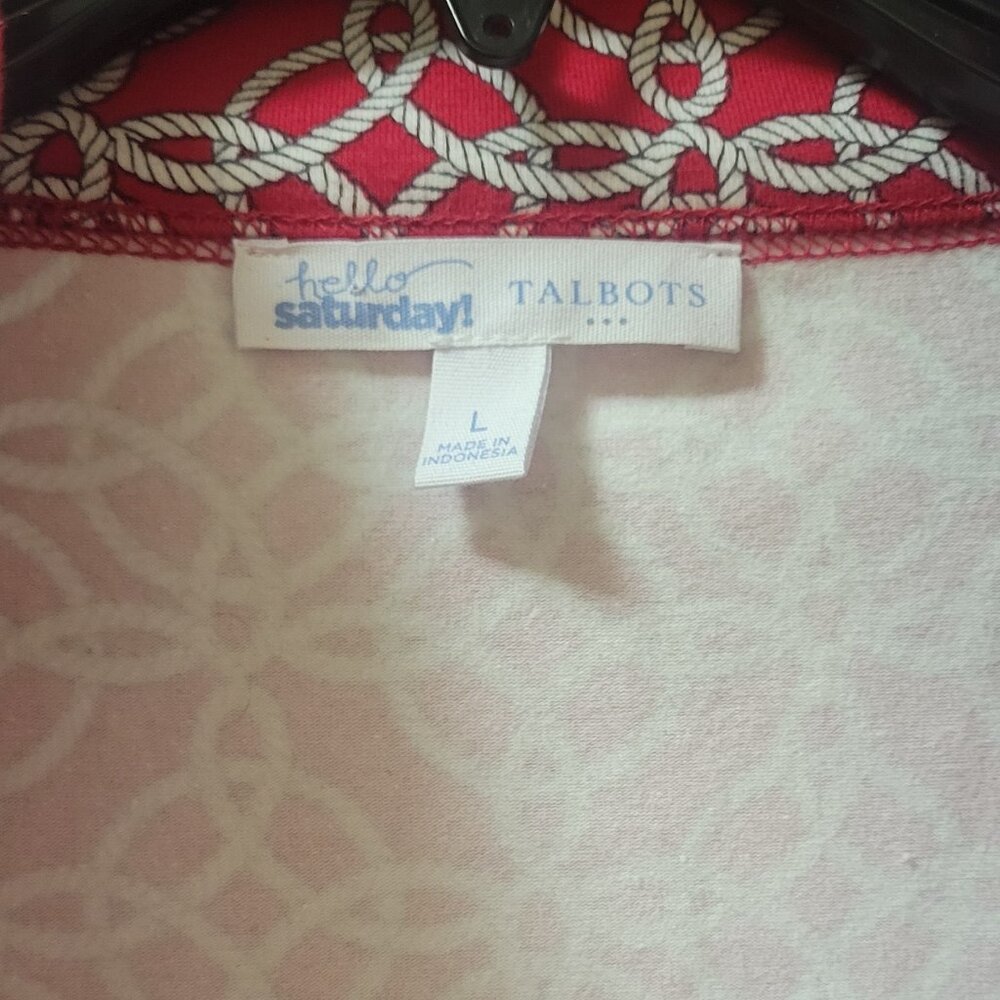 Talbots Hello Saturday Shirt Top Size L Red Circles 1/4 Zip Long Sleeve Pockets - Picture 2 of 8